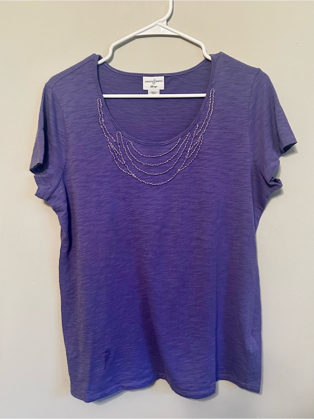 Jaclyn Smith Lounge Lavender Short Sleeve Tee with Beaded Necklace Embellishment